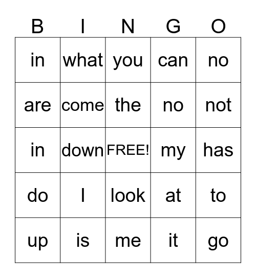 Sight Words Bingo Card