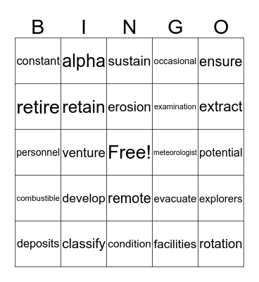 Vocabulary Bingo Card