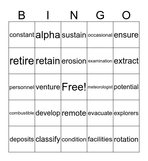 Vocabulary Bingo Card