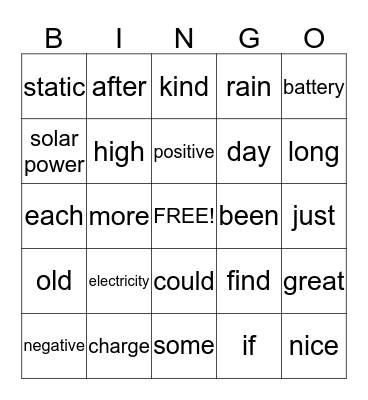 Electricity and Sight Word Bingo! Bingo Card