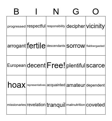 Vocabulary Bingo Card