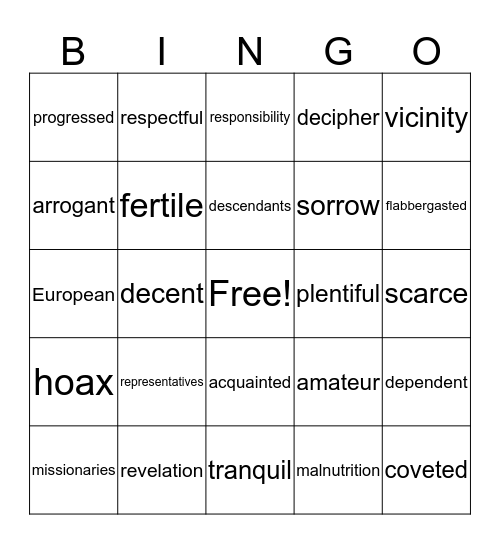 Vocabulary Bingo Card