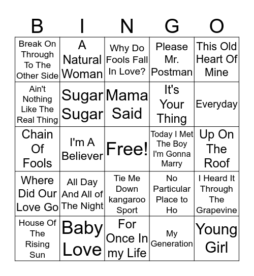 60s Hits Bingo Card