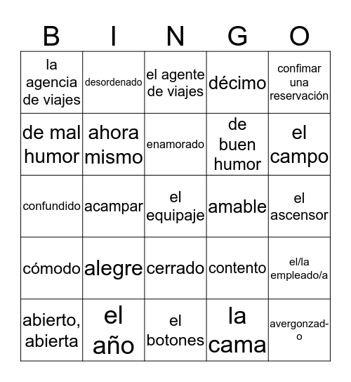 Vocabulario 5 Activity Bingo Card