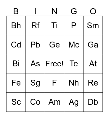 Periodic Symbol Bingo Card