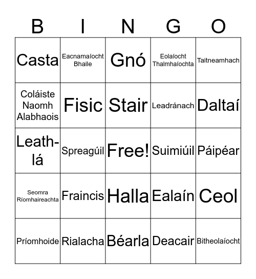 Scoil Bingo Card