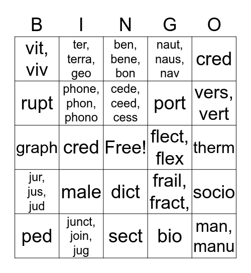 Root Word Bingo Card