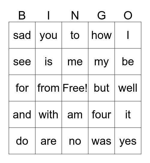 Helper Words Bingo Card