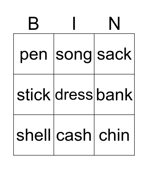 Vocabulary Bingo Card