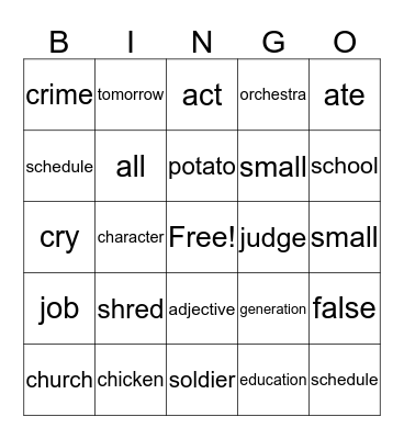 Chart 10 Bingo Card