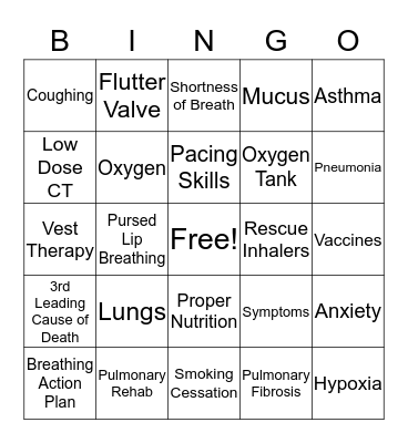 Pulmonary Rehab BINGO Game Bingo Card