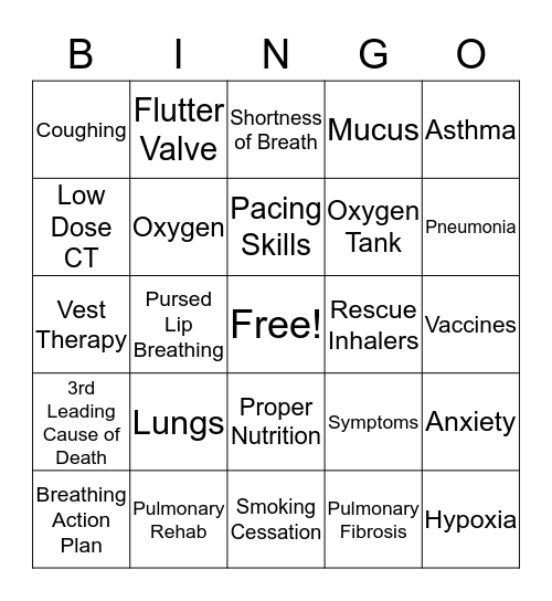 Pulmonary Rehab BINGO Game Bingo Card