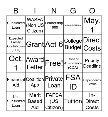 Financial Aid BINGO Card