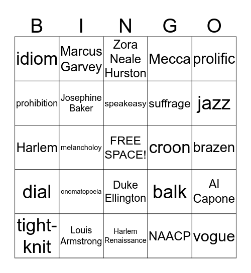 Harlem Renaissance and the Jazz Age Bingo Card