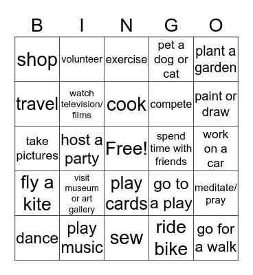 Leisure Activities Bingo Card