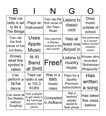 MUSICAL PERSON BINGO Card