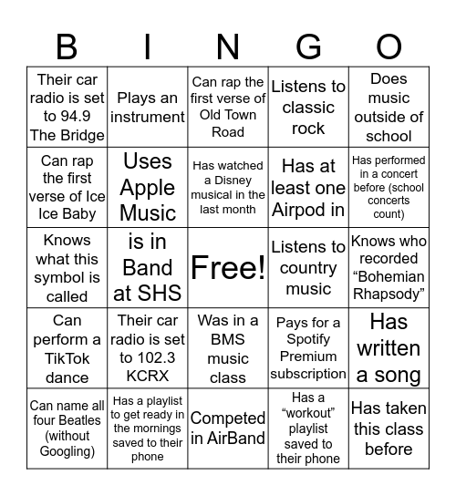 MUSICAL PERSON BINGO Card