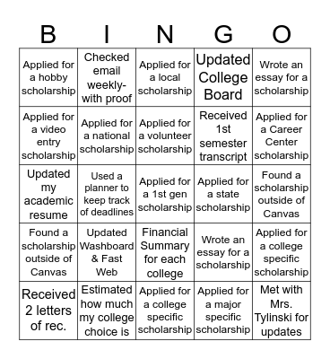 Quarter 3 Scholarships Bingo Card