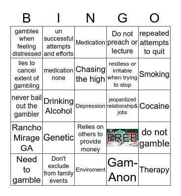 GAMBLING DISORDER Bingo Card