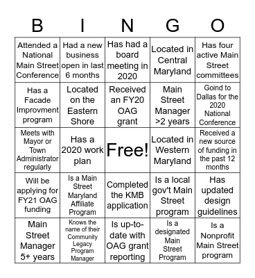 Main Street Maryland Bingo Card