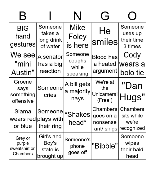 Nebraska Legislature Bingo  Bingo Card