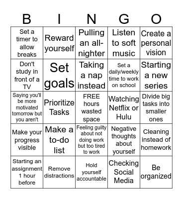 Procrastination Bingo Card