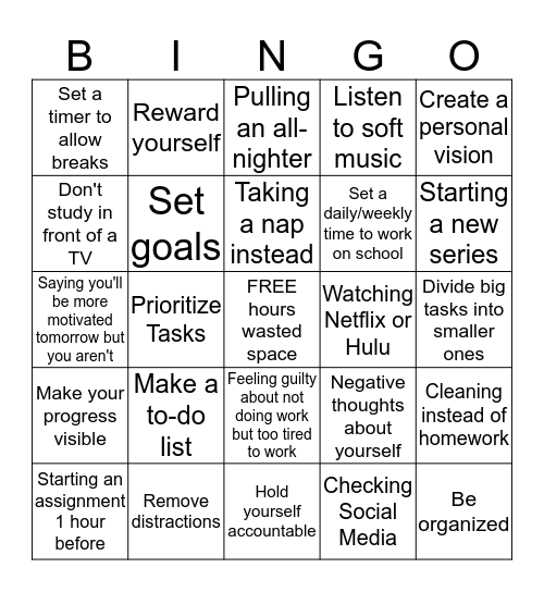 Procrastination Bingo Card