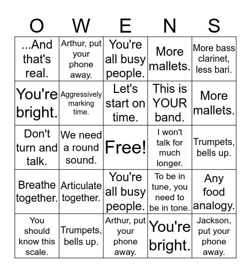 Owens Bingo Card