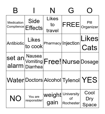 Medication Compliance Bingo Card