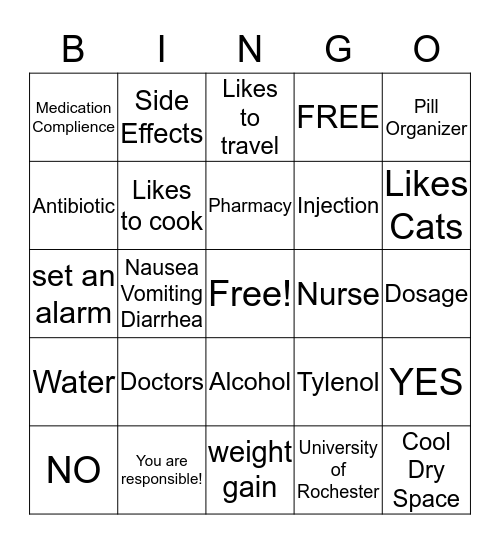 Medication Compliance Bingo Card