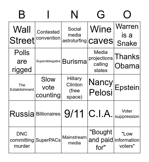 Super Tuesday Conspiracy Bingo Card