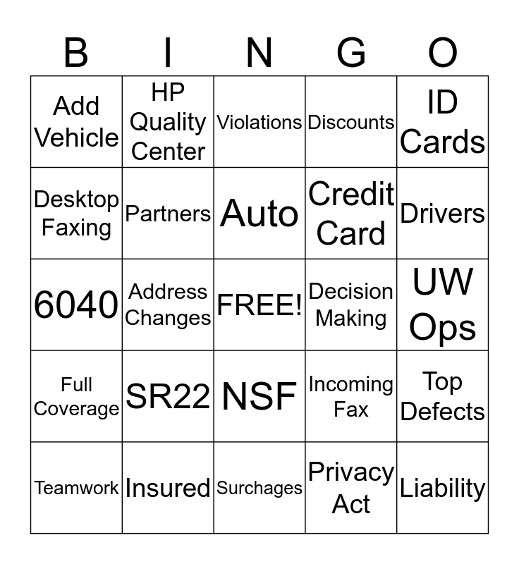 Dairyland Auto Insurance Bingo Card