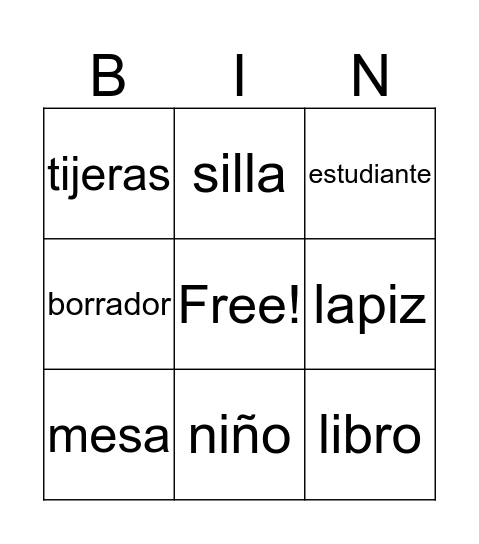 Objetos del salón de clase Bingo Card