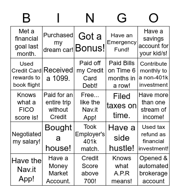 NAV.IT Money Moves Bingo Card