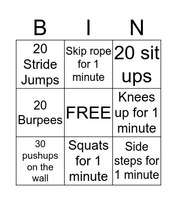 Fitness Bingo Card