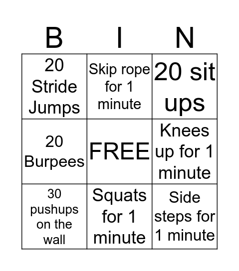 Fitness Bingo Card