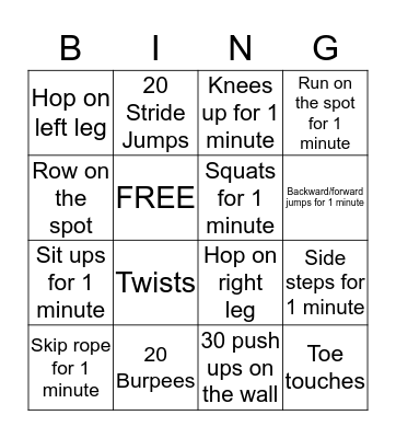 Fitness Bingo Card