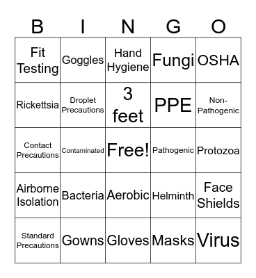 Infection Control Bingo Card