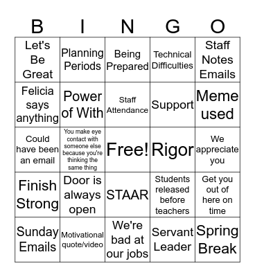 Staff Meeting 3/4/20 Bingo Card