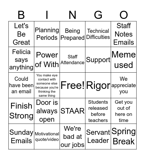 Staff Meeting 3/4/20 Bingo Card