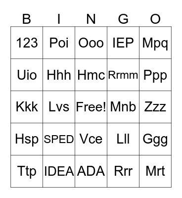 Special Education Terms Bingo Card
