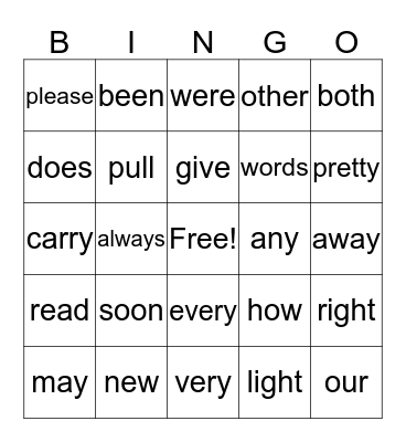 U4 High Frequency words Bingo Card
