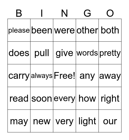 U4 High Frequency words Bingo Card