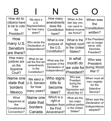 US Citizenship Civics Test  Bingo Card
