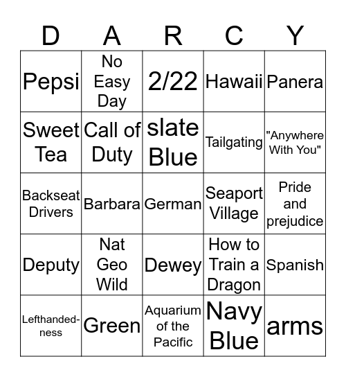 Rachel's Bridal Shower Bingo Card