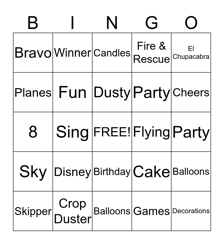 Disney Planes Bingo Birthday Bingo Card