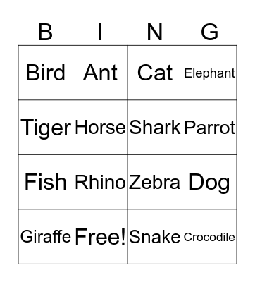 Animals Bingo! Bingo Card