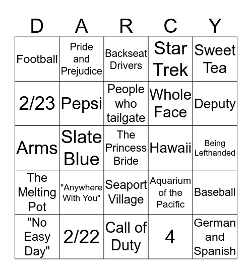 Rachel's Bridal Shower Bingo Card