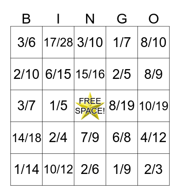 Fraction Bingo Game Bingo Card