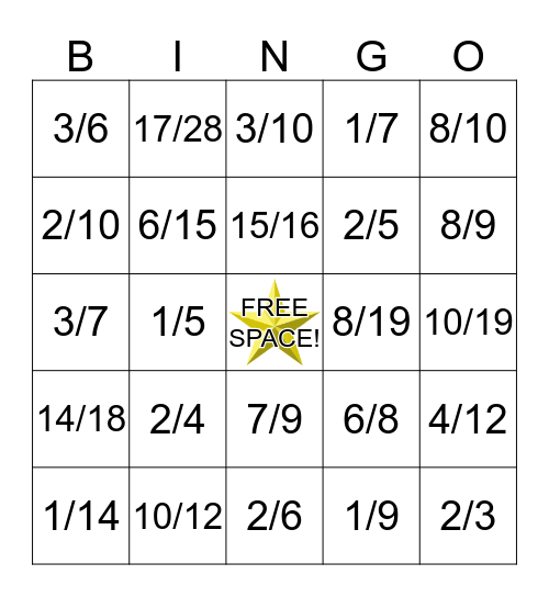 Fraction Bingo Game Bingo Card